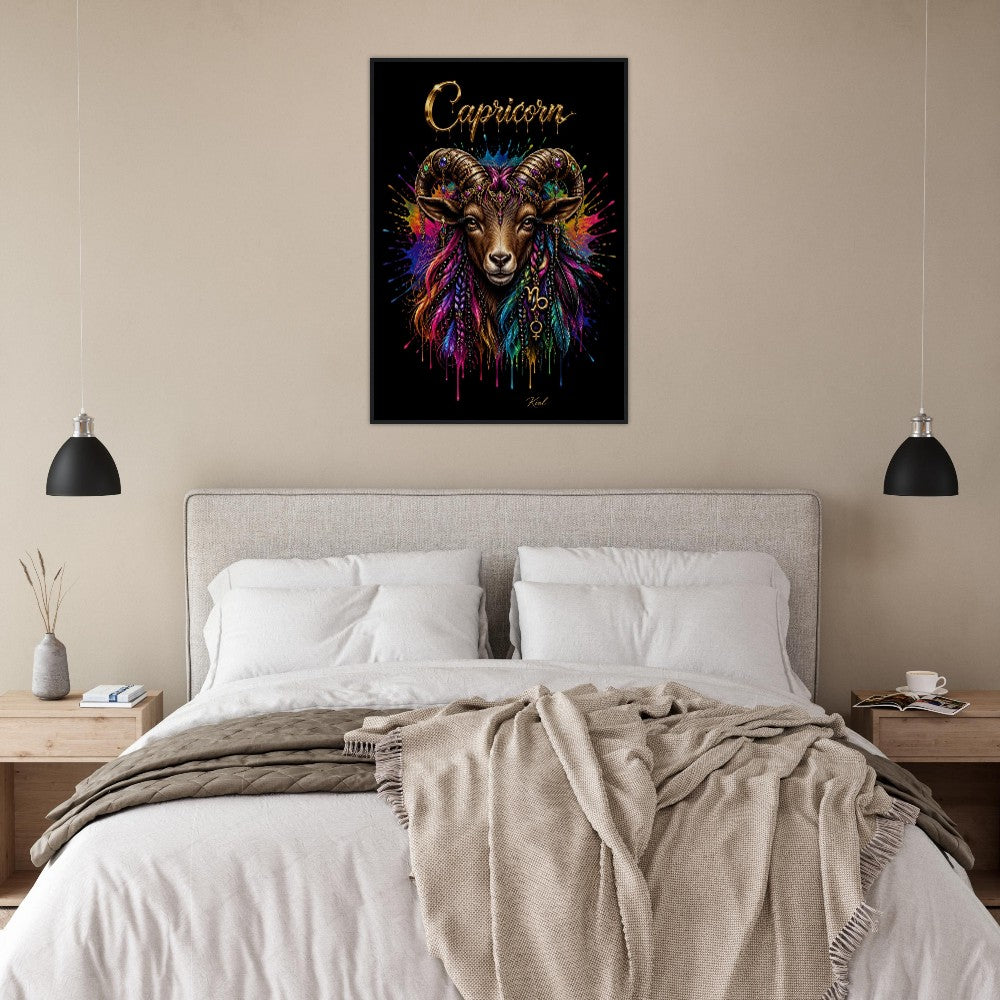 Capricorn Neon Zodiac Goat Poster, Colorful Wall Art, Artistic Astrology Canvas, Zodiac Gift for Her, Danish Art Studio