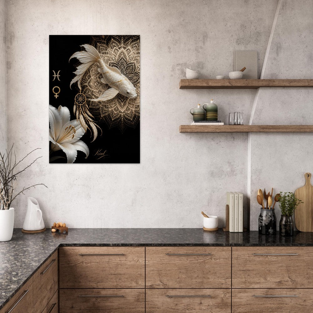 Pisces Zodiac Koi Poster, Gold Wall Art, Astrology Canvas, Koi Portrait, Zodiac Gift for Her, Danish Art Studio