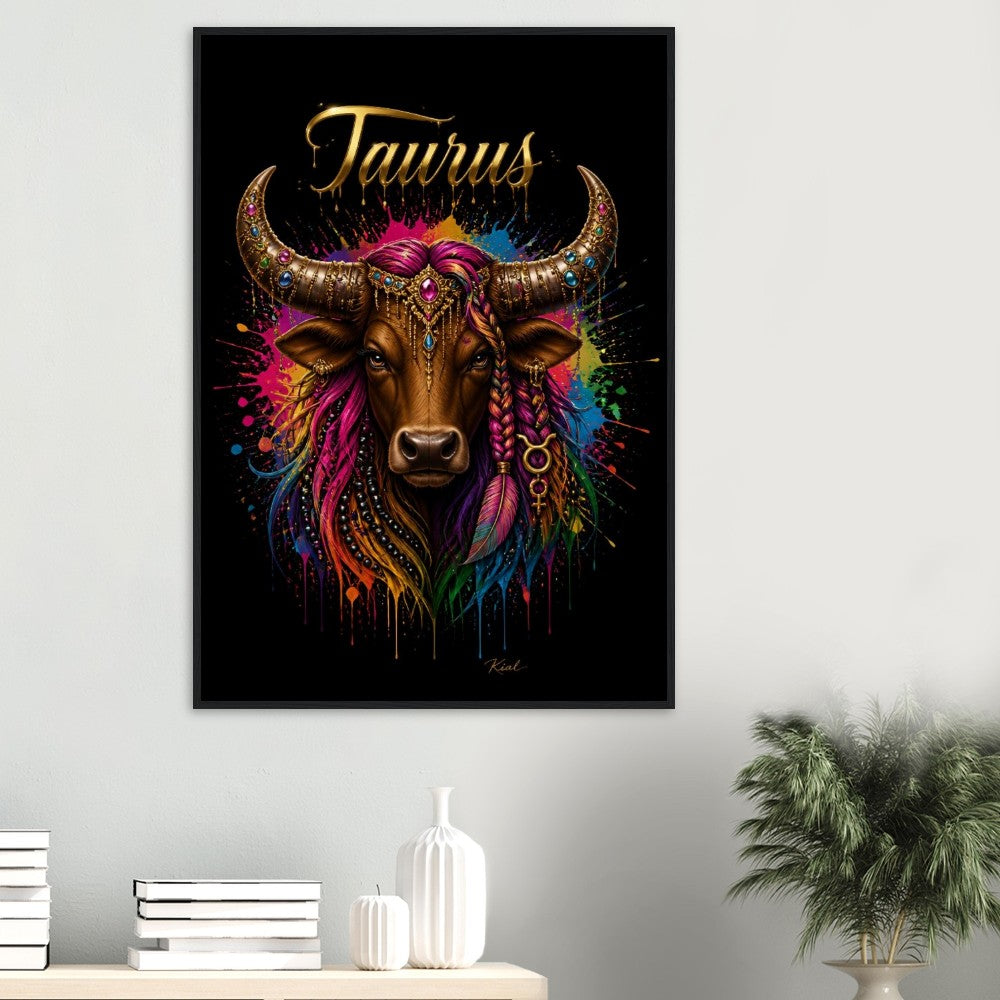 Taurus Neon Zodiac Bull Poster, Colorful Wall Art, Artistic Astrology Canvas, Zodiac Gift for Her, Danish Art Studio