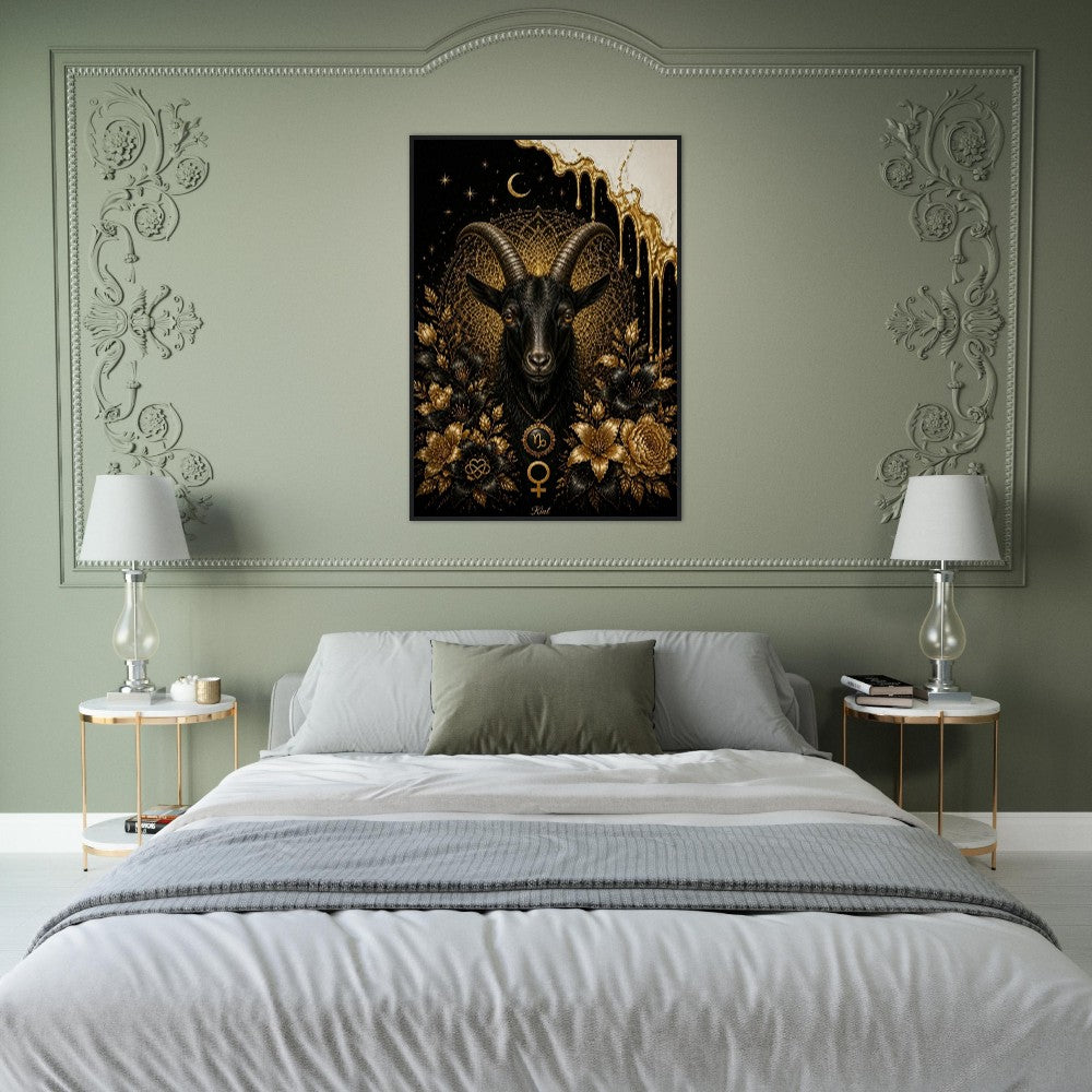 Capricorn Zodiac Goat Poster, Gold Wall Art, Astrology Canvas, Goat Portrait, Zodiac Gift for Her, Danish Art Studio