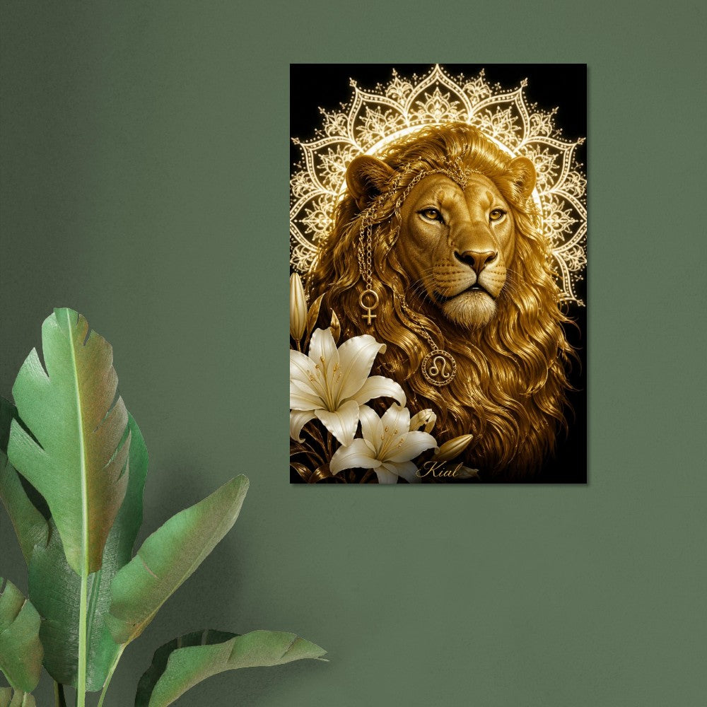 Leo Zodiac Lion Poster, Gold Wall Art, Astrology Canvas, Lion Portrait, Zodiac Gift for Her, Danish Art Studio