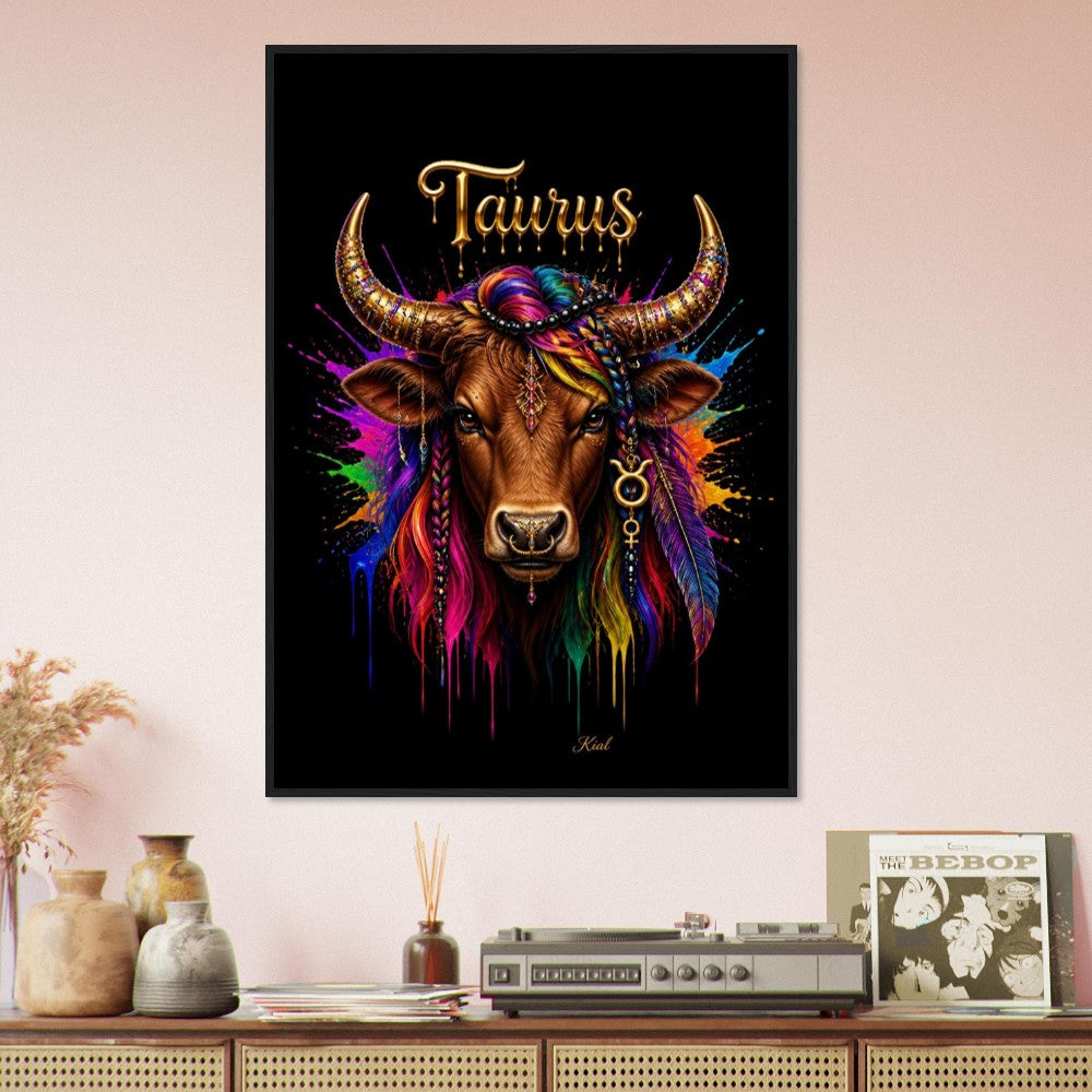 Taurus Neon Zodiac Bull Poster, Colorful Wall Art, Artistic Astrology Canvas, Zodiac Gift for Her, Danish Art Studio