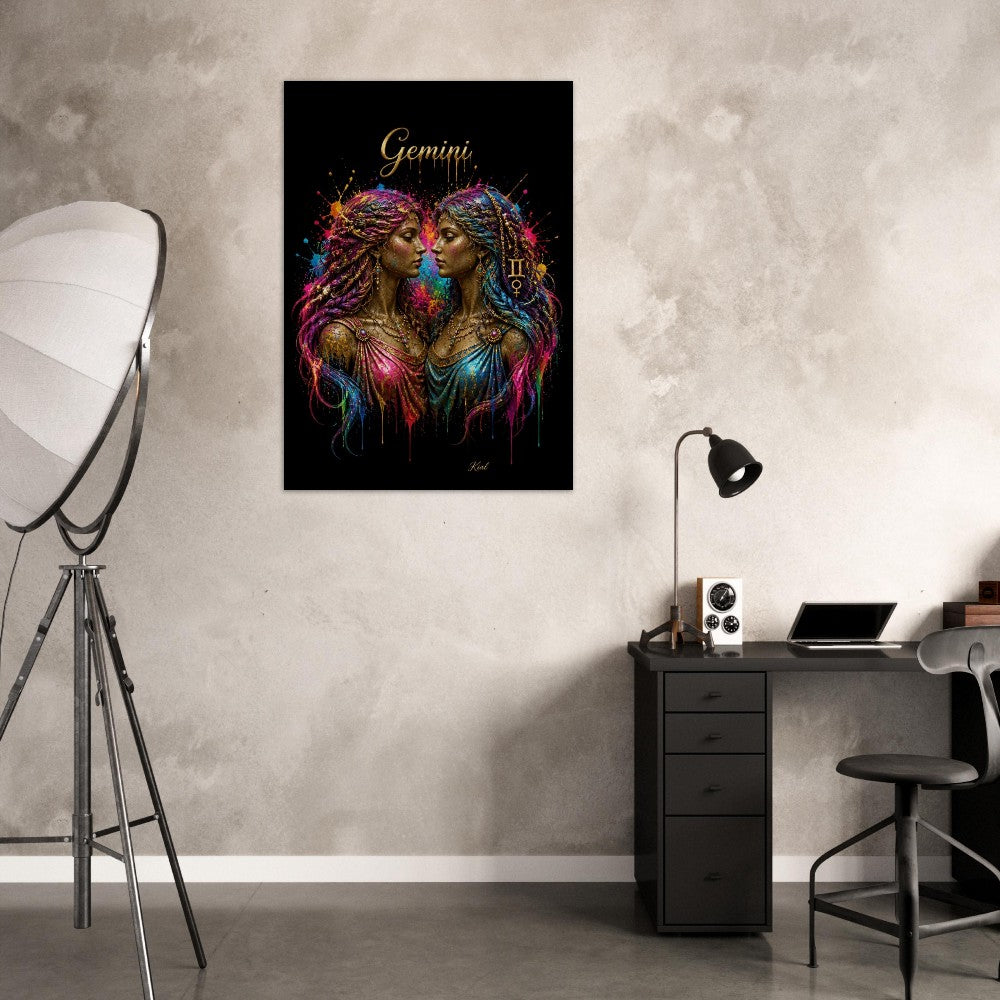 Gemini Neon Zodiac Tvillinger Plakat, Farverig Vægkunst, Kunstnerisk Astrologi Lærred, Horoskop Gave til Hende, Danish Art Studio