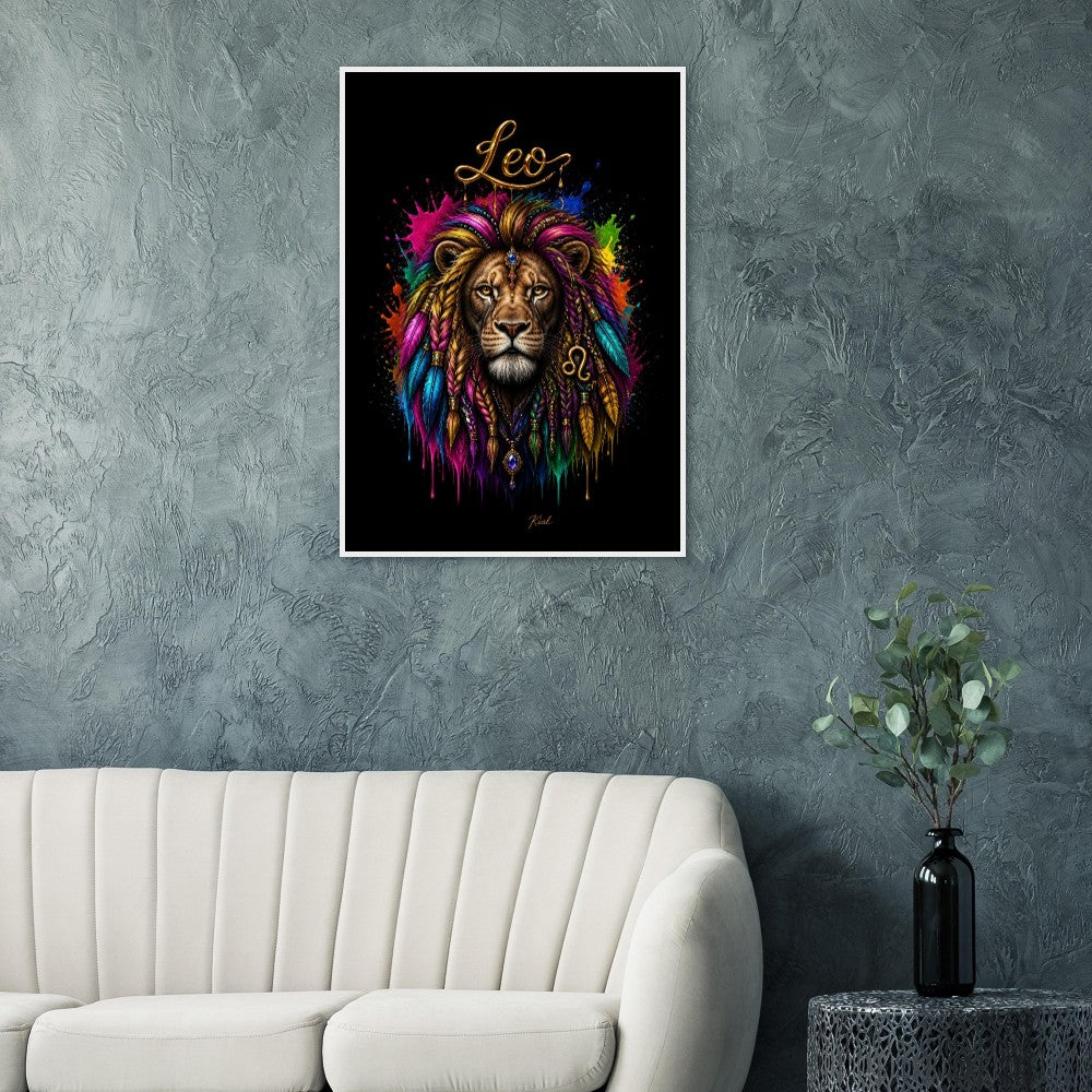 Leo Neon Zodiac Lion Poster, Colorful Wall Art, Artistic Astrology Canvas, Zodiac Gift for Him, Danish Art Studio