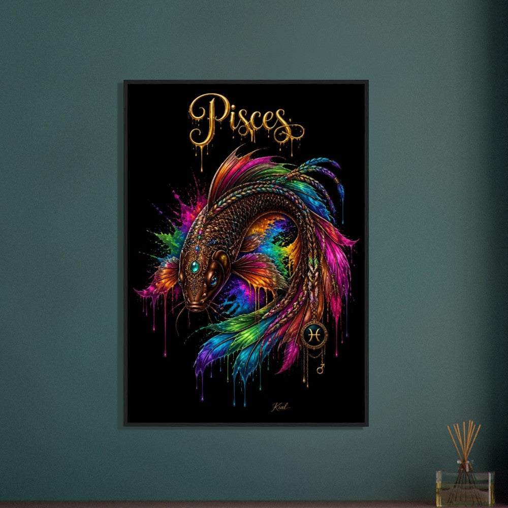 Pisces Neon Zodiac Koi Poster, Colorful Wall Art, Artistic Astrology Canvas, Zodiac Gift for Him, Danish Art Studio