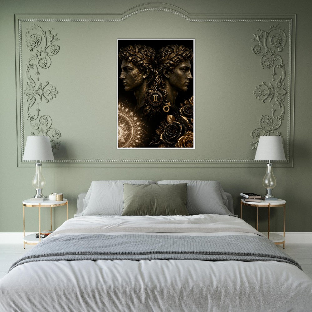 Gemini Zodiac Twins Poster, Gold Wall Art, Astrology Canvas, Twins Portrait, Zodiac Gift for Him, Danish Art Studio