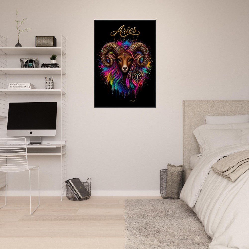 Aries Neon Zodiac Ram Poster, Colorful Wall Art, Artistic Astrology Canvas, Zodiac Gift for Her, Danish Art Studio