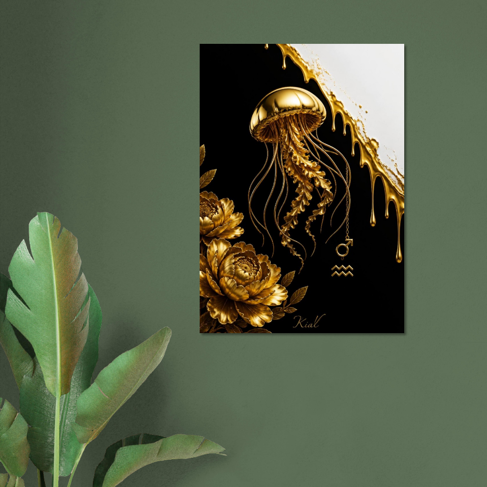Aquarius Zodiac Jellyfish Poster, Gold Wall Art, Zodiac Gift for Him, Danish Art Studio