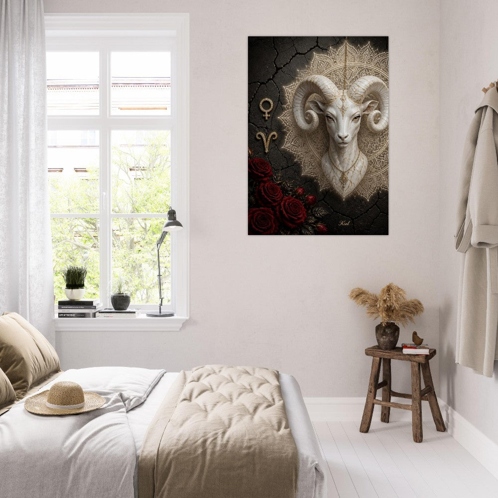 Aries Zodiac Ram Poster, Gold Wall Art, Astrology Canvas, Ram Portrait, Zodiac Gift for Her, Danish Art Studio