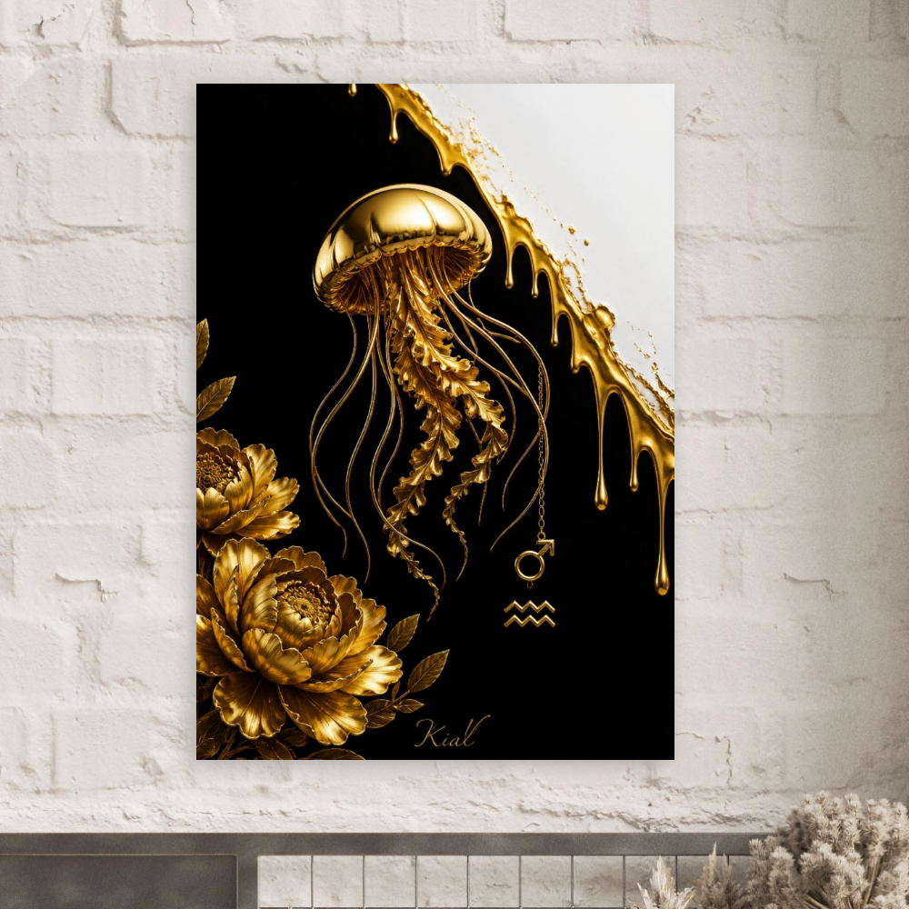 Aquarius Zodiac Jellyfish Poster, Gold Wall Art, Zodiac Gift for Him, Danish Art Studio