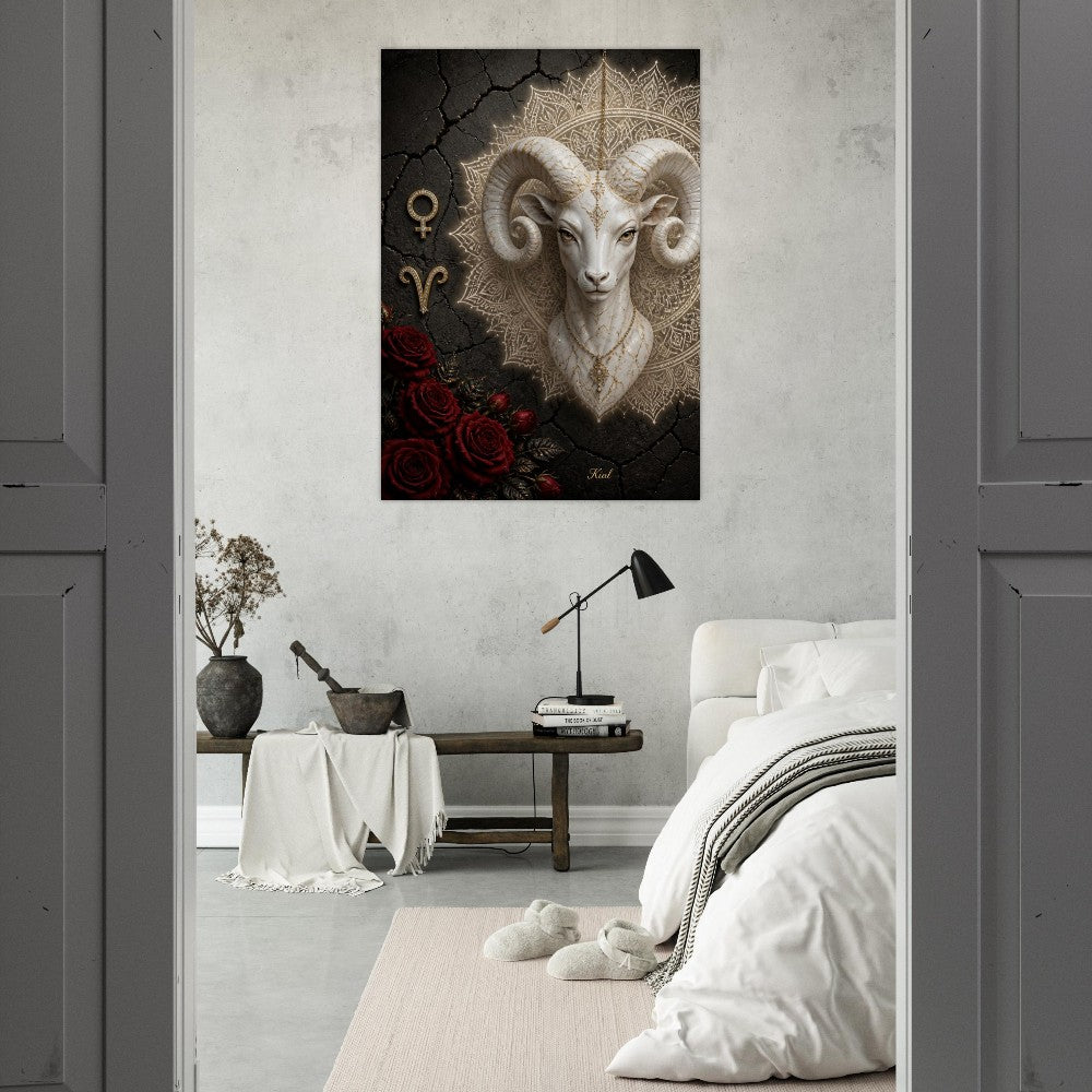 Aries Zodiac Ram Poster, Gold Wall Art, Astrology Canvas, Ram Portrait, Zodiac Gift for Her, Danish Art Studio