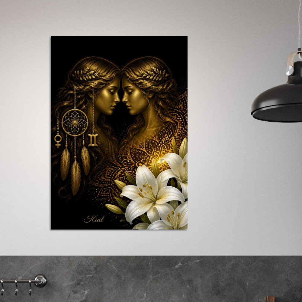 Gemini Zodiac Twins Poster, Gold Wall Art, Astrology Canvas, Twins Portrait, Zodiac Gift for Her, Danish Art Studio