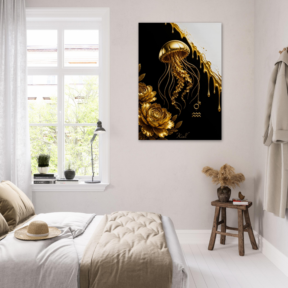 Aquarius Zodiac Jellyfish Poster, Gold Wall Art, Zodiac Gift for Him, Danish Art Studio