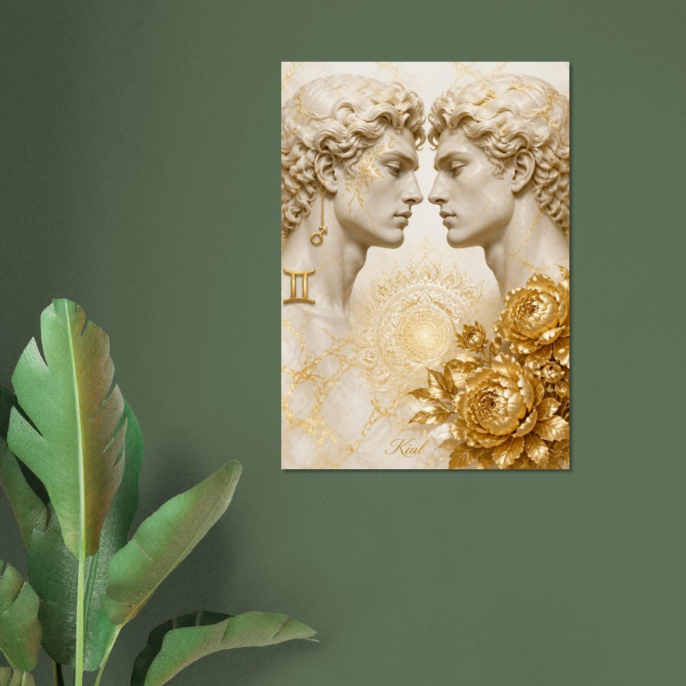 Gemini Zodiac Twins Poster, Gold Wall Art, Astrology Canvas, Twins Portrait, Zodiac Gift for Him, Danish Art Studio