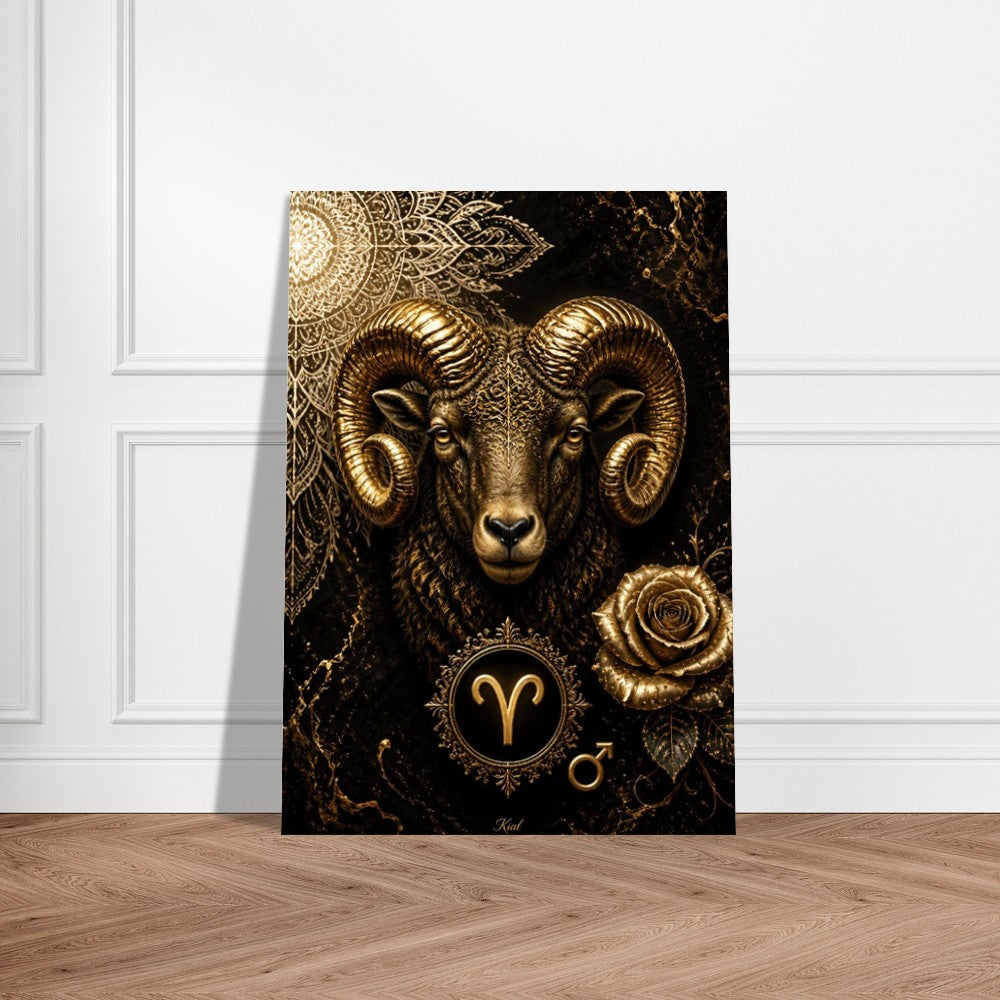 Aries Zodiac Ram Poster, Gold Wall Art, Astrology Canvas, Ram Portrait, Zodiac Gift for Him, Danish Art Studio
