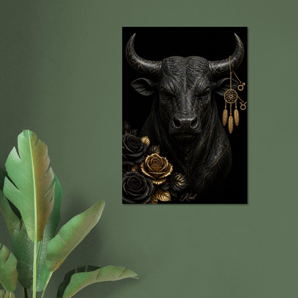 Taurus Zodiac Bull Poster, Gold Wall Art, Astrology Canvas, Bull Portrait, Zodiac Gift for Him, Danish Art Studio