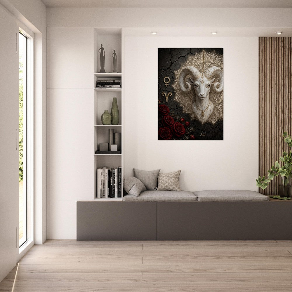 Aries Zodiac Ram Poster, Gold Wall Art, Astrology Canvas, Ram Portrait, Zodiac Gift for Her, Danish Art Studio