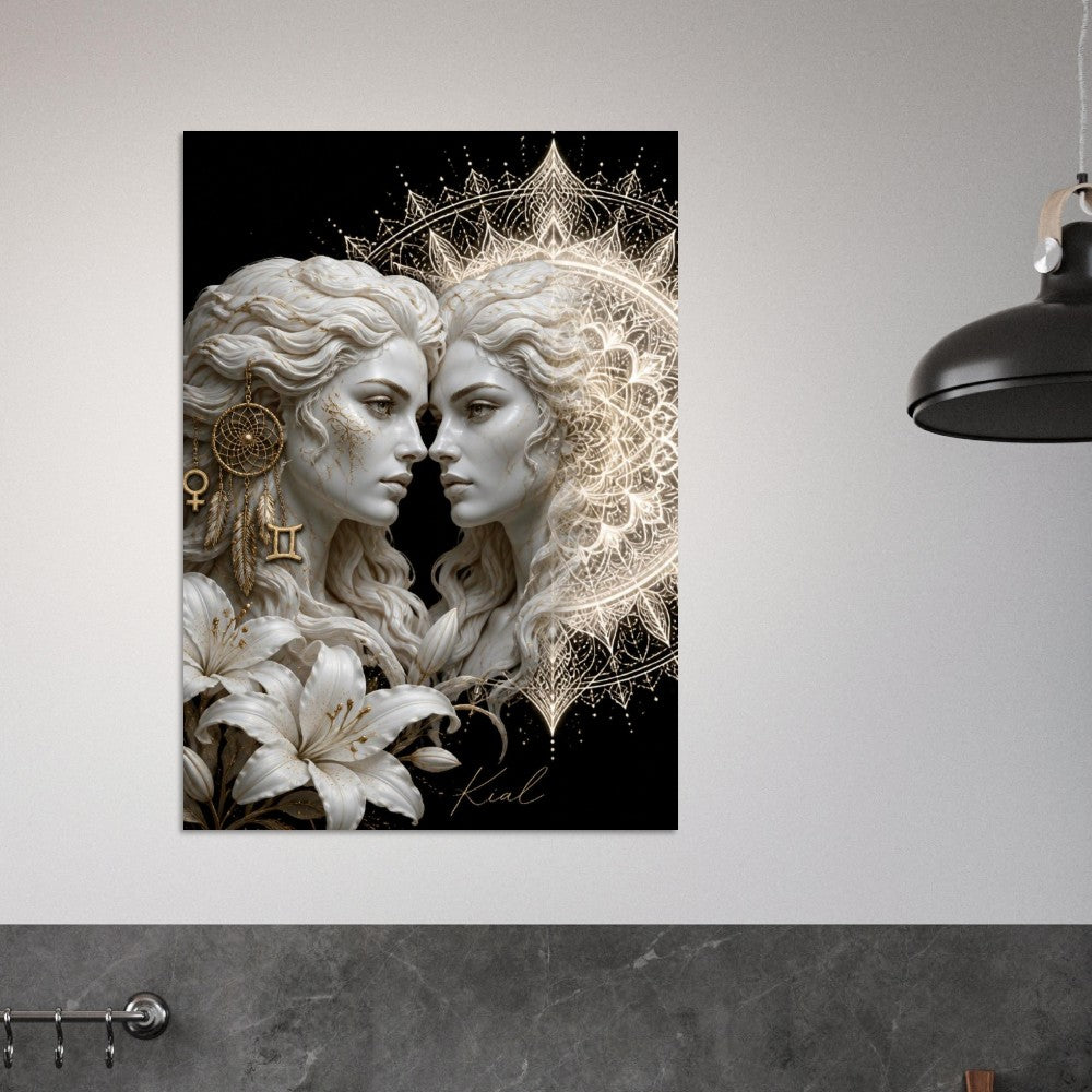 Gemini Zodiac Twins Poster, Gold Wall Art, Astrology Canvas, Twins Portrait, Zodiac Gift for Her, Danish Art Studio