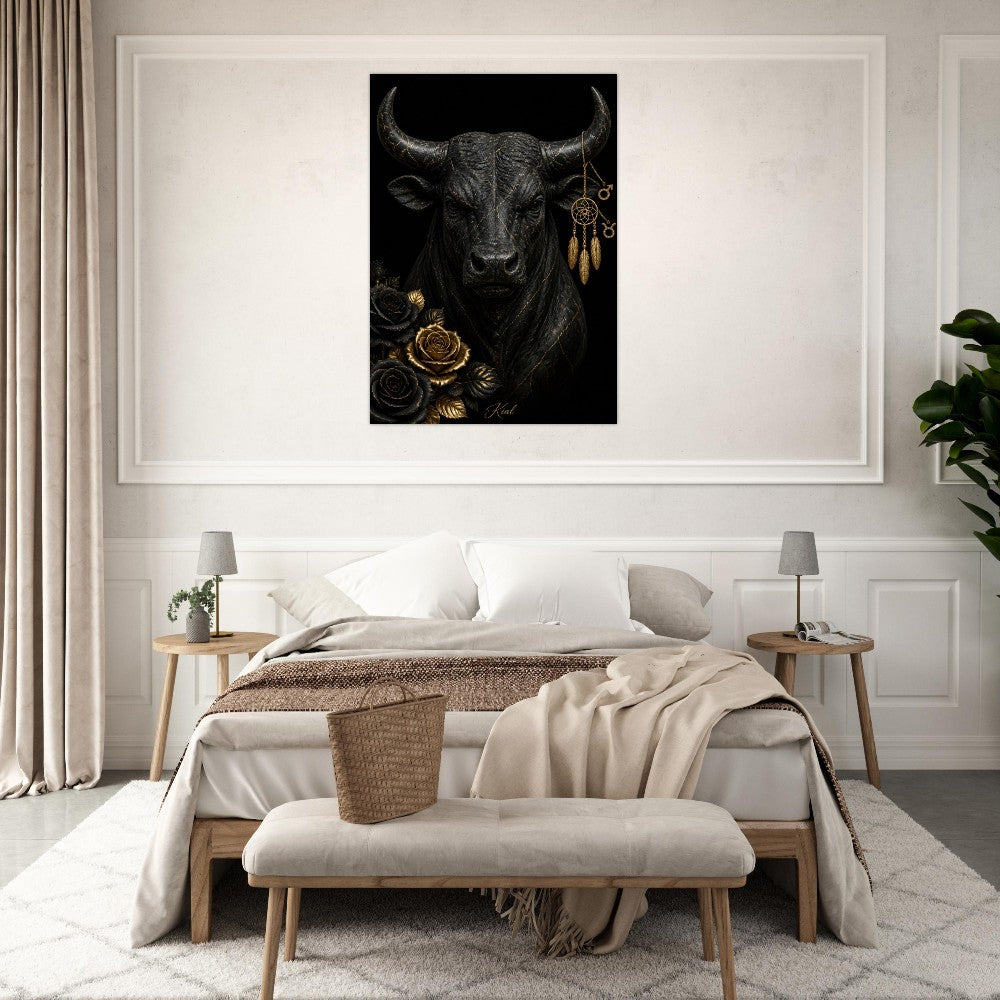 Taurus Zodiac Bull Poster, Gold Wall Art, Astrology Canvas, Bull Portrait, Zodiac Gift for Him, Danish Art Studio