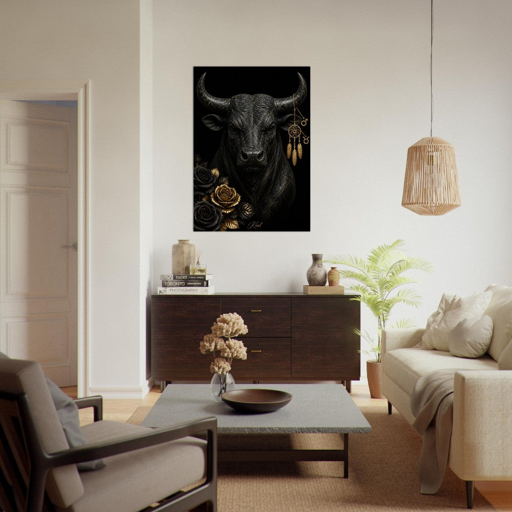 Taurus Zodiac Bull Poster, Gold Wall Art, Astrology Canvas, Bull Portrait, Zodiac Gift for Him, Danish Art Studio