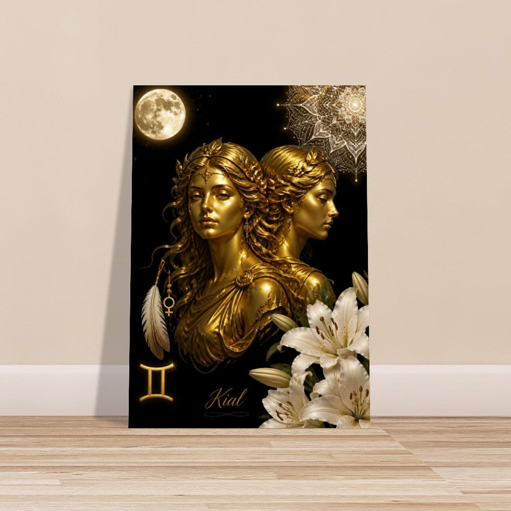 Gemini Zodiac Twins Poster, Gold Wall Art, Astrology Canvas, Twins Portrait, Zodiac Gift for Her, Danish Art Studio