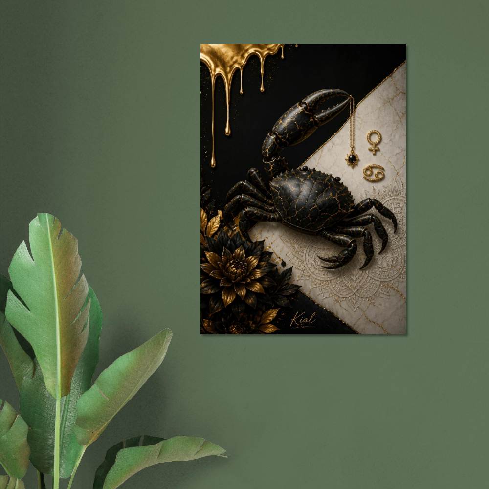 Cancer Zodiac Crab Poster, Gold Wall Art, Astrology Canvas, Crab Portrait, Zodiac Gift for Her, Danish Art Studio