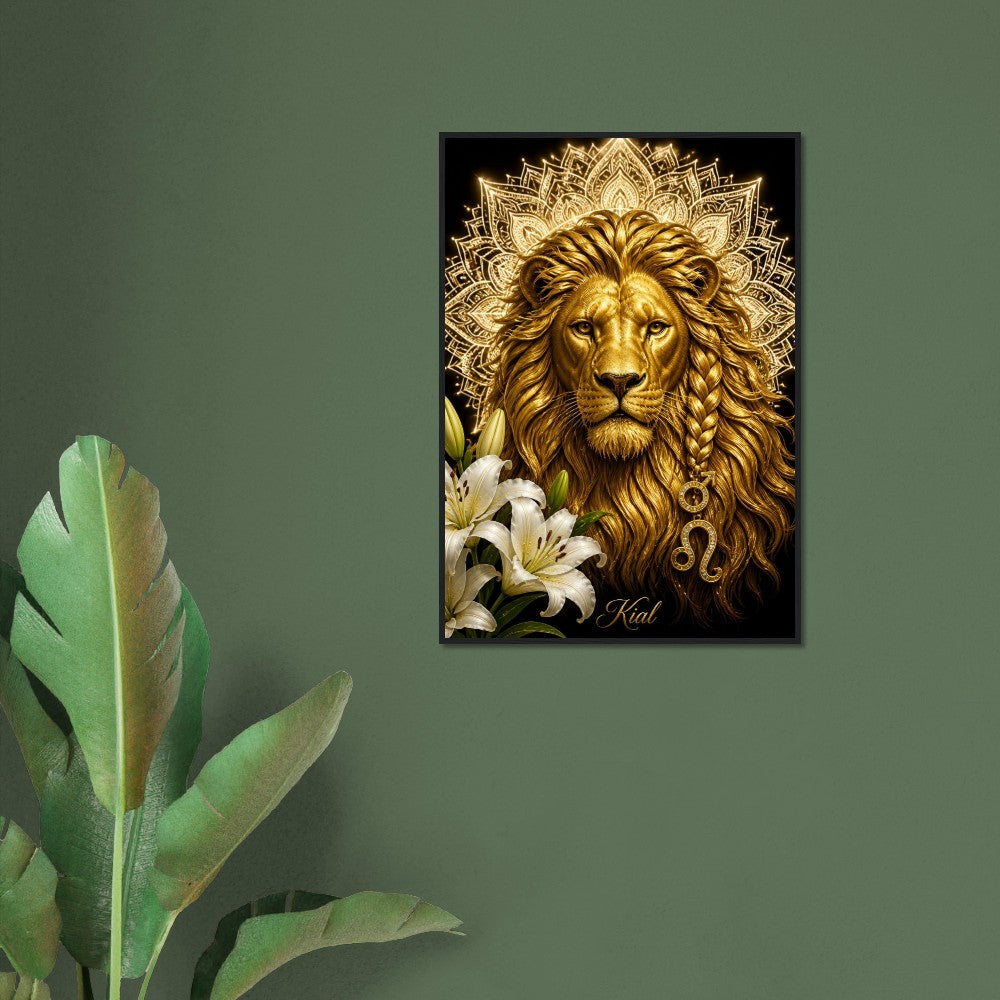 Leo Zodiac Lion Poster, Gold Wall Art, Astrology Canvas, Lion Portrait, Zodiac Gift for Him, Danish Art Studio