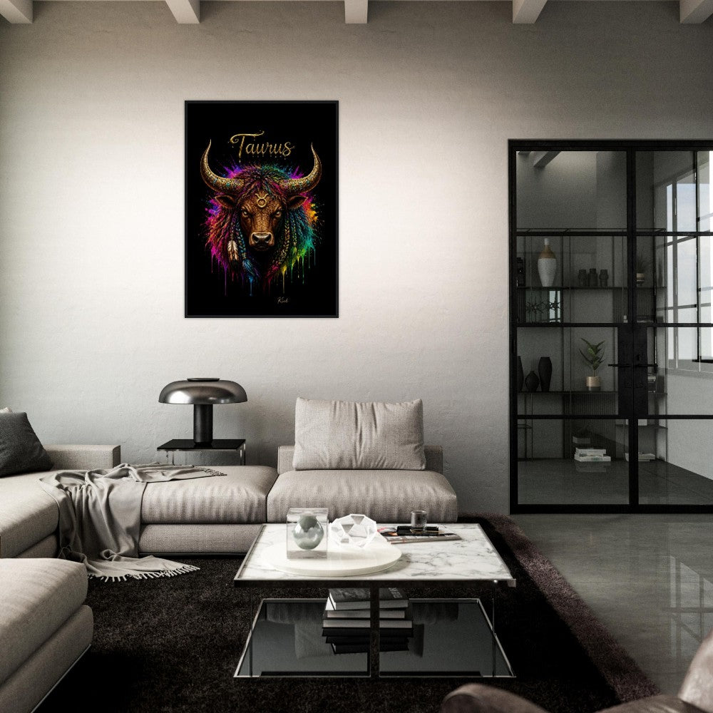 Taurus Neon Zodiac Bull Poster, Colorful Wall Art, Artistic Astrology Canvas, Zodiac Gift for Him, Danish Art Studio