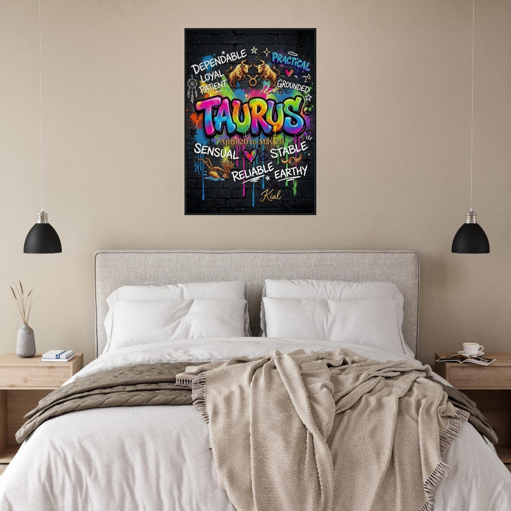 Taurus Neon Graffiti Zodiac Poster, Dark Background, Colorful Street Art, Zodiac Gift for Her, Danish Art Studio