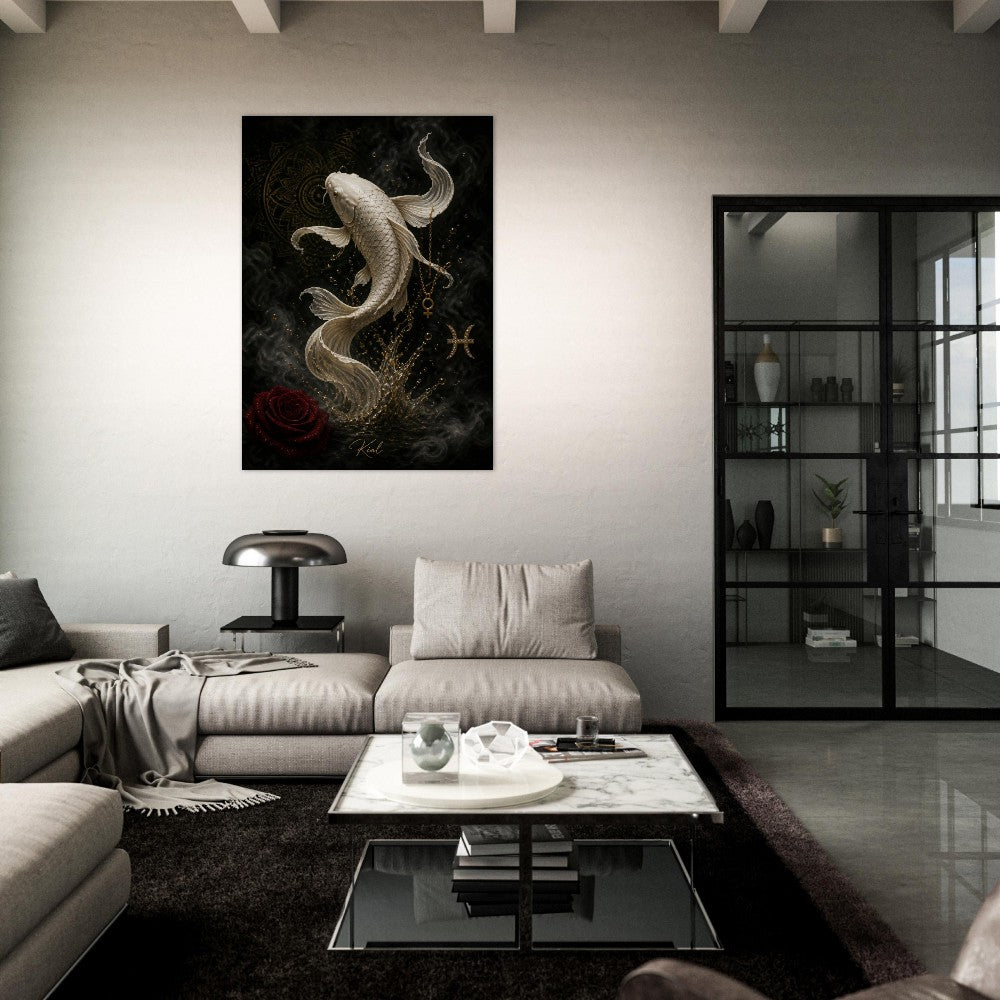 Pisces Zodiac Koi Poster, Gold Wall Art, Astrology Canvas, Koi Portrait, Zodiac Gift for Her, Danish Art Studio