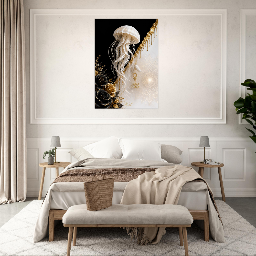 Aquarius Zodiac Jellyfish Poster, Gold Wall Art, Zodiac Gift for Her, Danish Art Studio
