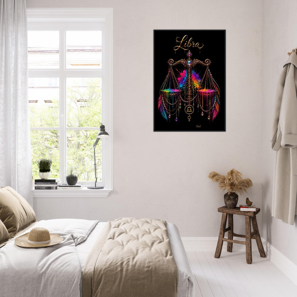 Libra Neon Zodiac Scales Poster, Colorful Wall Art, Artistic Astrology Canvas, Zodiac Gift for Her, Danish Art Studio