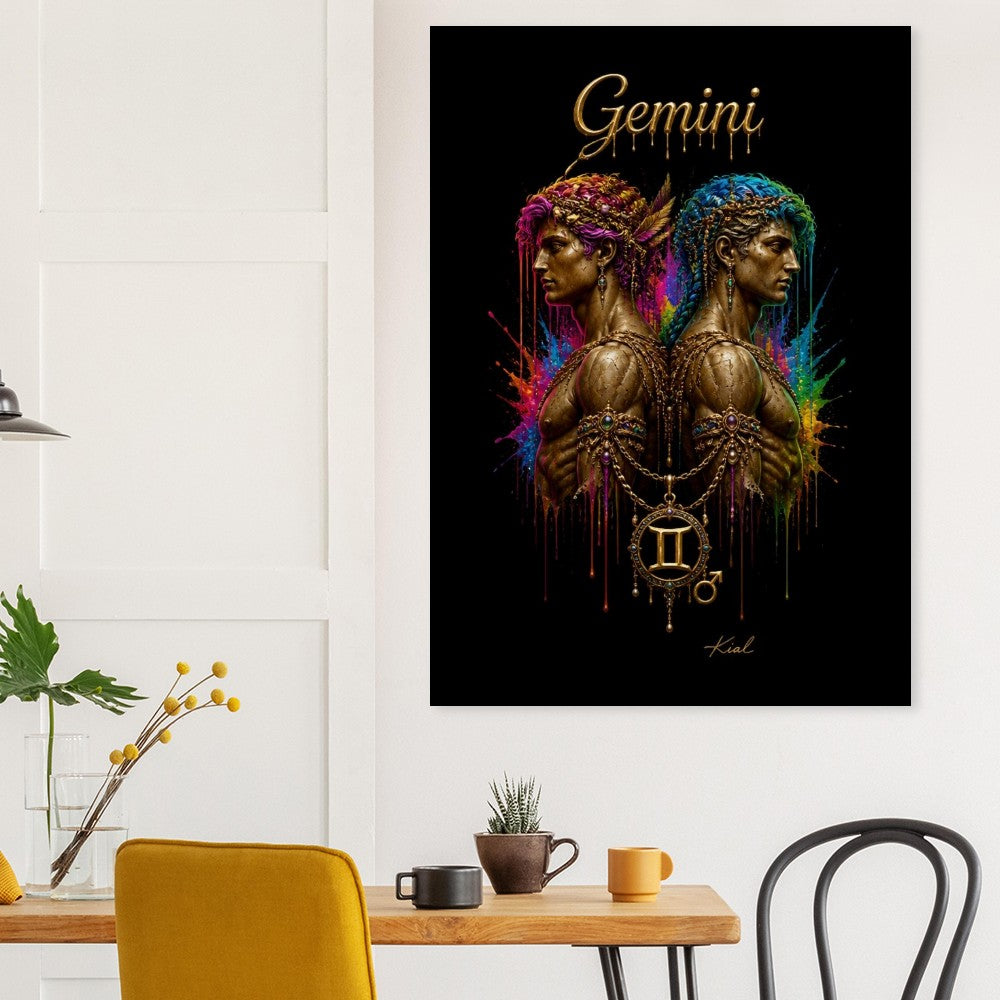 Gemini Neon Zodiac Twins Plakat, Farverig Vægkunst, Kunstnerisk Astrologi Lærred, Stjernetegnsgave til Ham, Danish Art Studio