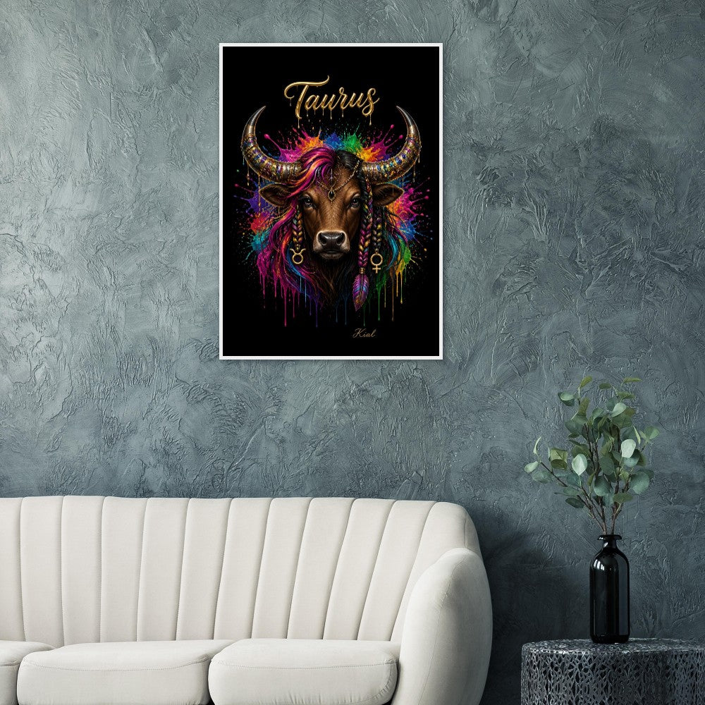 Taurus Neon Zodiac Bull Poster, Colorful Wall Art, Artistic Astrology Canvas, Zodiac Gift for Her, Danish Art Studio
