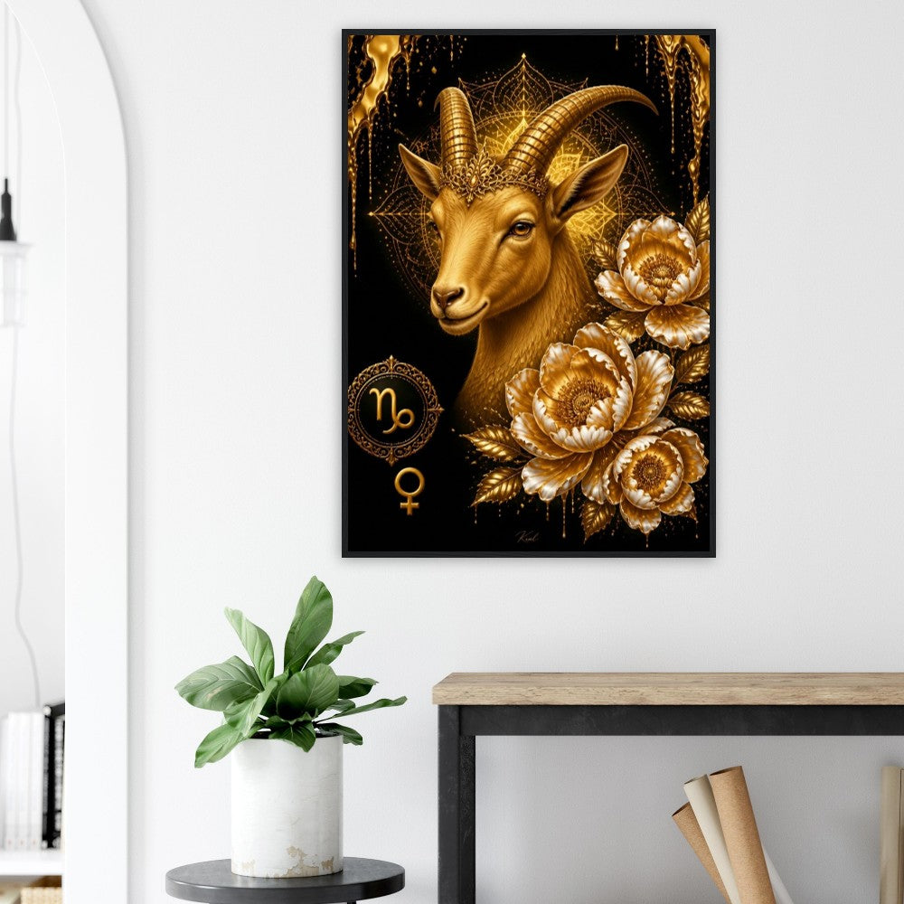 Capricorn Zodiac Goat Poster, Gold Wall Art, Astrology Canvas, Goat Portrait, Zodiac Gift for Her, Danish Art Studio