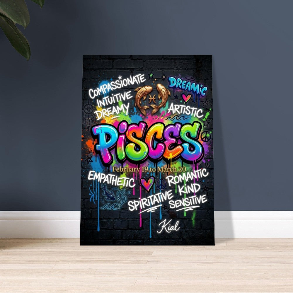Pisces Neon Graffiti Zodiac Poster, Dark Background, Colorful Street Art, Zodiac Gift for Her, Danish Art Studio
