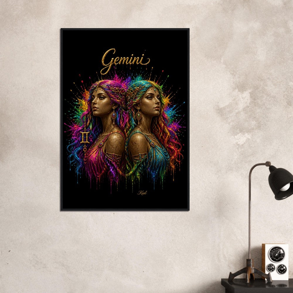 Gemini Neon Zodiac Tvillinger Plakat, Farverig Vægkunst, Kunstnerisk Astrologi Lærred, Zodiak Gave til Hende, Dansk Kunst Studio