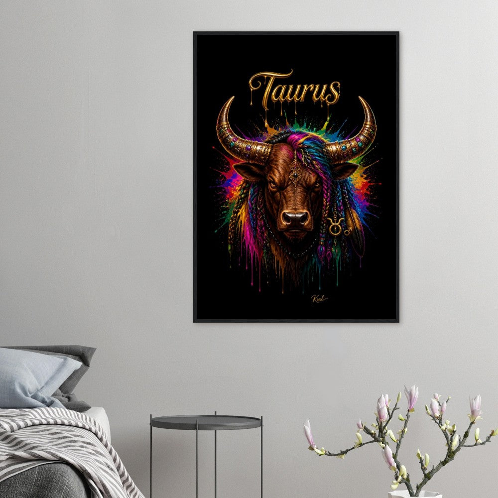 Taurus Neon Zodiac Bull Poster, Colorful Wall Art, Artistic Astrology Canvas, Zodiac Gift for Him, Danish Art Studio
