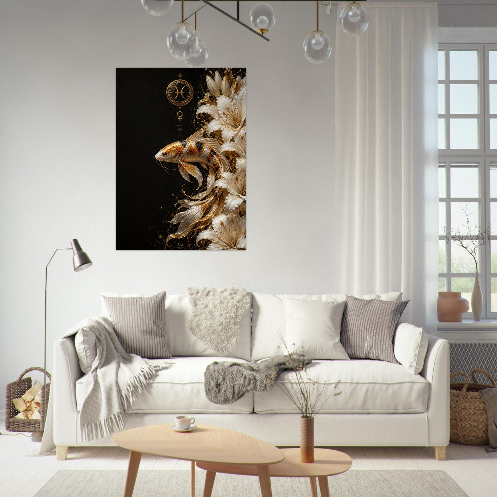 Pisces Zodiac Koi Poster, Gold Wall Art, Astrology Canvas, Koi Portrait, Zodiac Gift for Her, Danish Art Studio