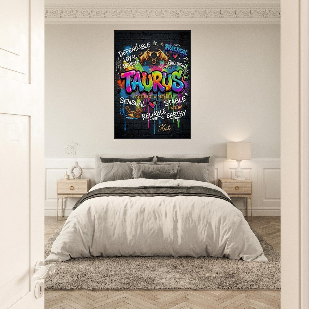 Taurus Neon Graffiti Zodiac Poster, Dark Background, Colorful Street Art, Zodiac Gift for Her, Danish Art Studio