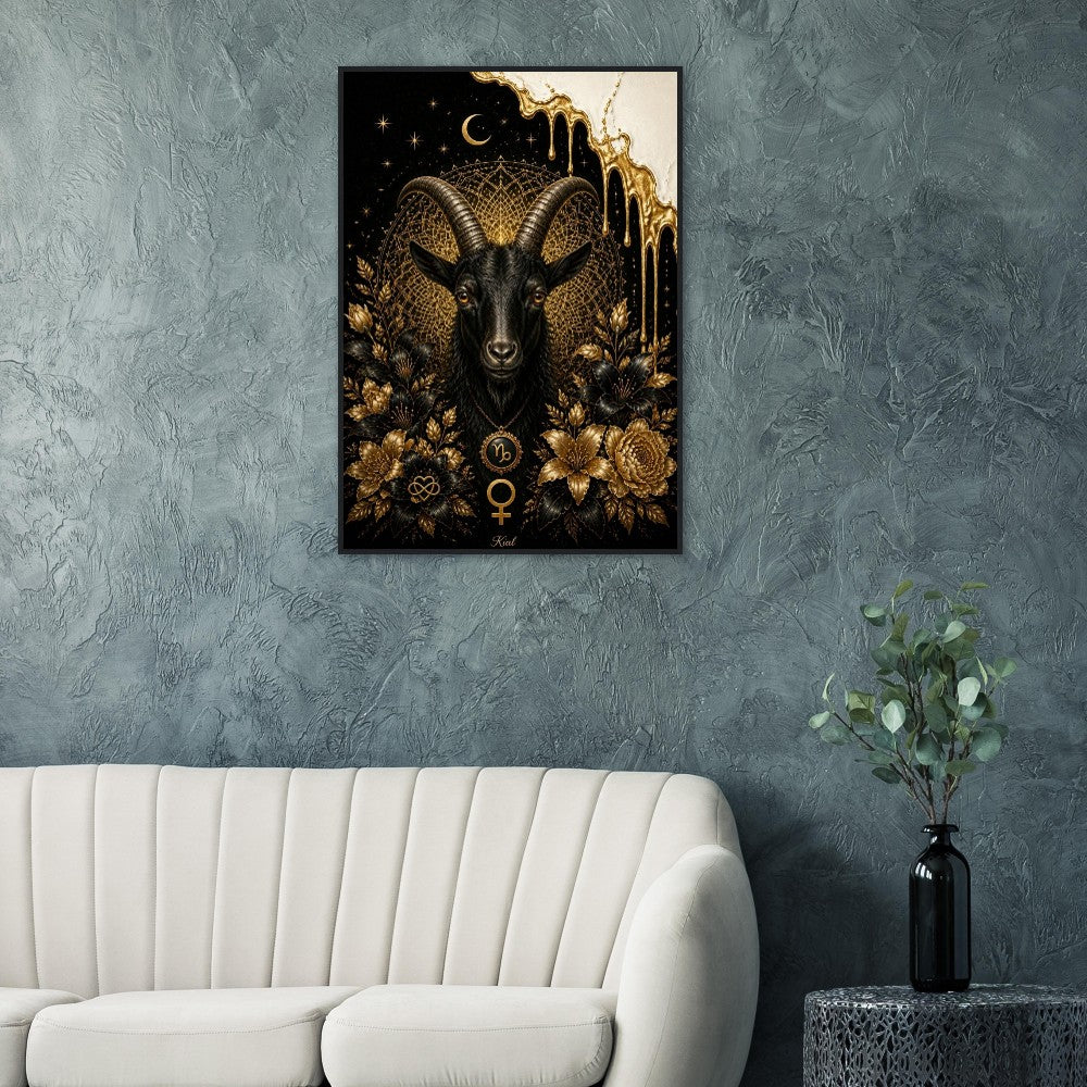 Capricorn Zodiac Goat Poster, Gold Wall Art, Astrology Canvas, Goat Portrait, Zodiac Gift for Her, Danish Art Studio