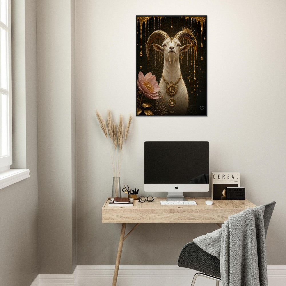 Capricorn Zodiac Goat Poster, Gold Wall Art, Astrology Canvas, Goat Portrait, Zodiac Gift for Her, Danish Art Studio