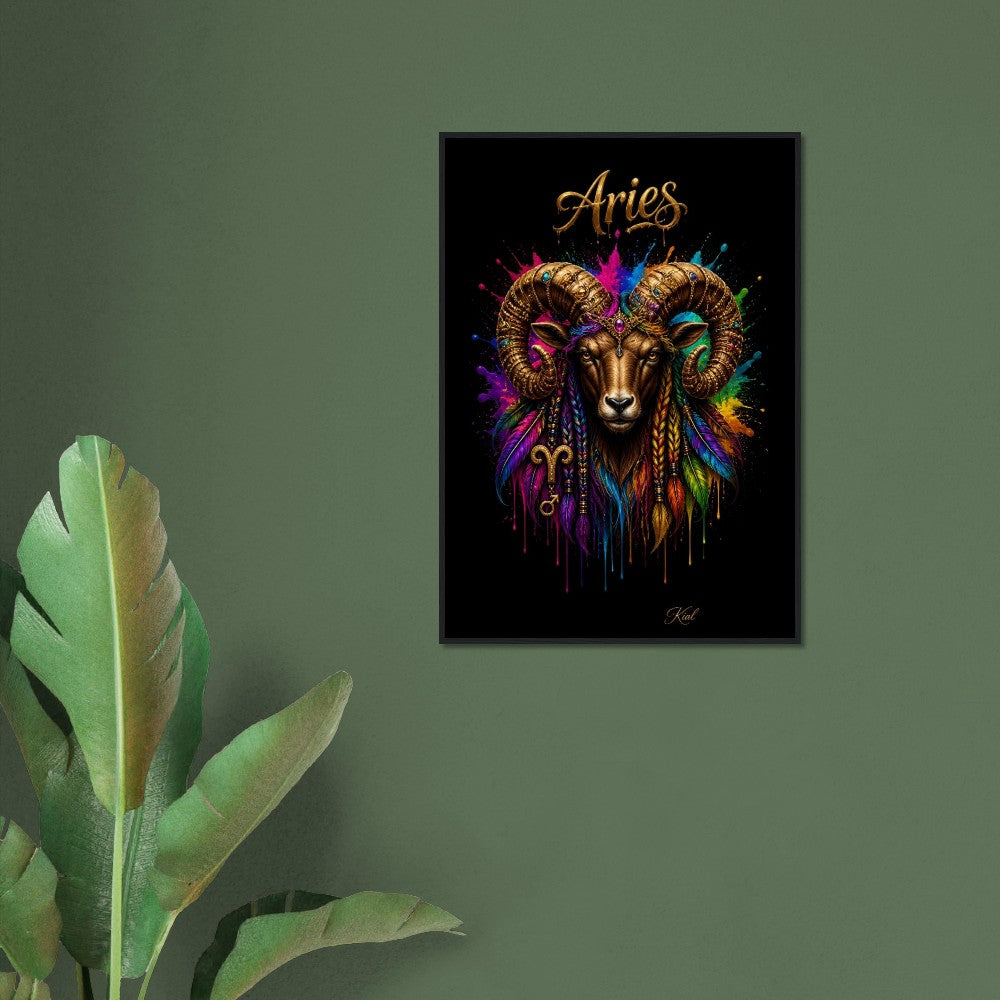 Aries Neon Zodiac Ram Poster, Colorful Wall Art, Artistic Astrology Canvas, Zodiac Gift for Him, Danish Art Studio