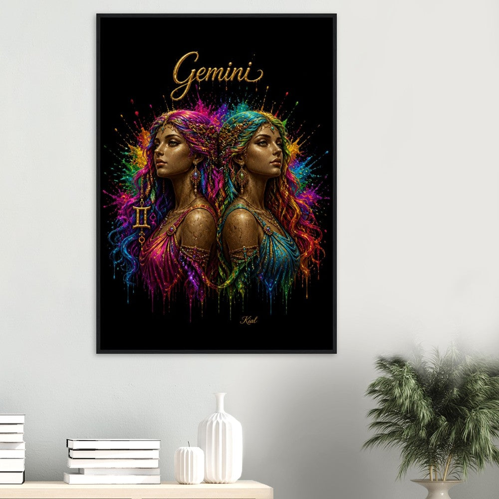 Gemini Neon Zodiac Tvillinger Plakat, Farverig Vægkunst, Kunstnerisk Astrologi Lærred, Zodiak Gave til Hende, Dansk Kunst Studio