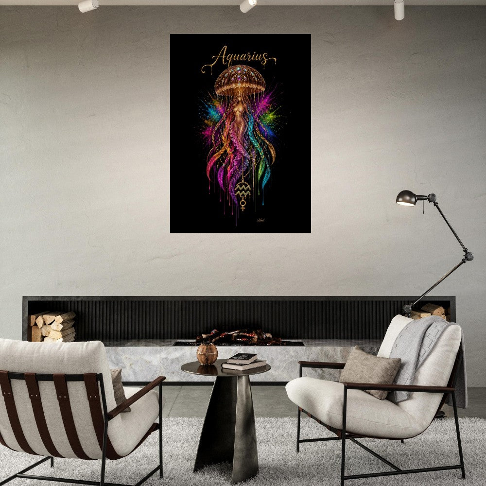 Aquarius Neon Stjernetegn Medusa Plakat, Farverig Vægkunst, Stjernetegnsgave til Ham, Danish Art Studio