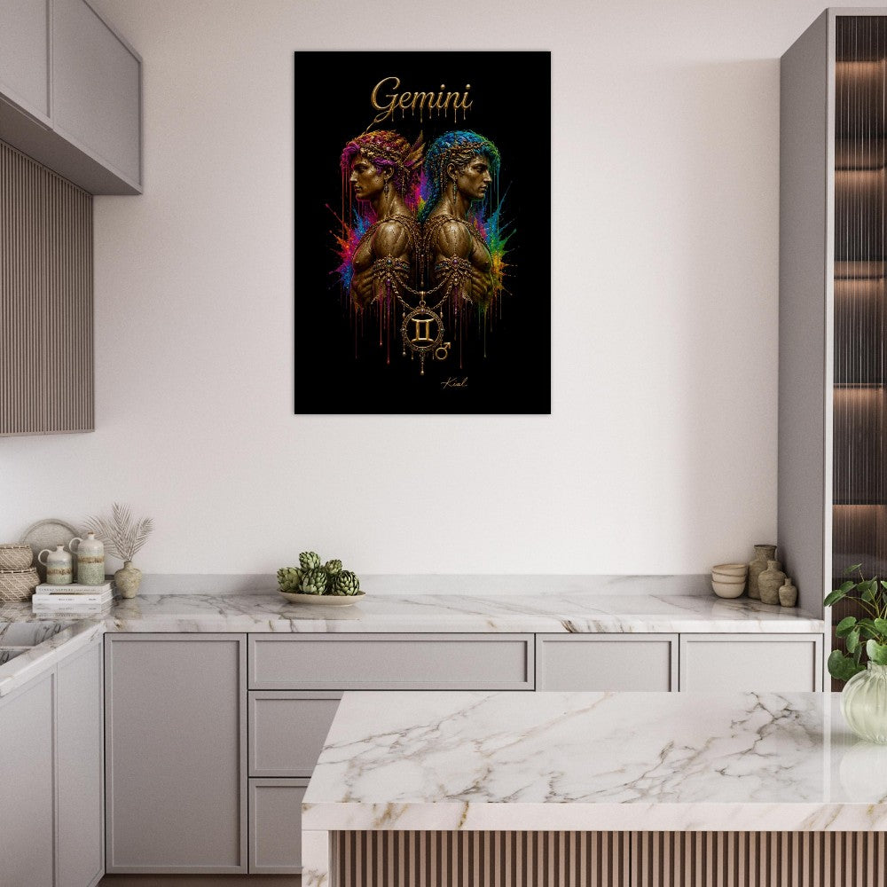 Gemini Neon Zodiac Twins Plakat, Farverig Vægkunst, Kunstnerisk Astrologi Lærred, Stjernetegnsgave til Ham, Danish Art Studio