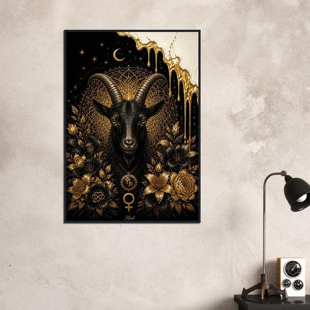 Capricorn Zodiac Goat Poster, Gold Wall Art, Astrology Canvas, Goat Portrait, Zodiac Gift for Her, Danish Art Studio