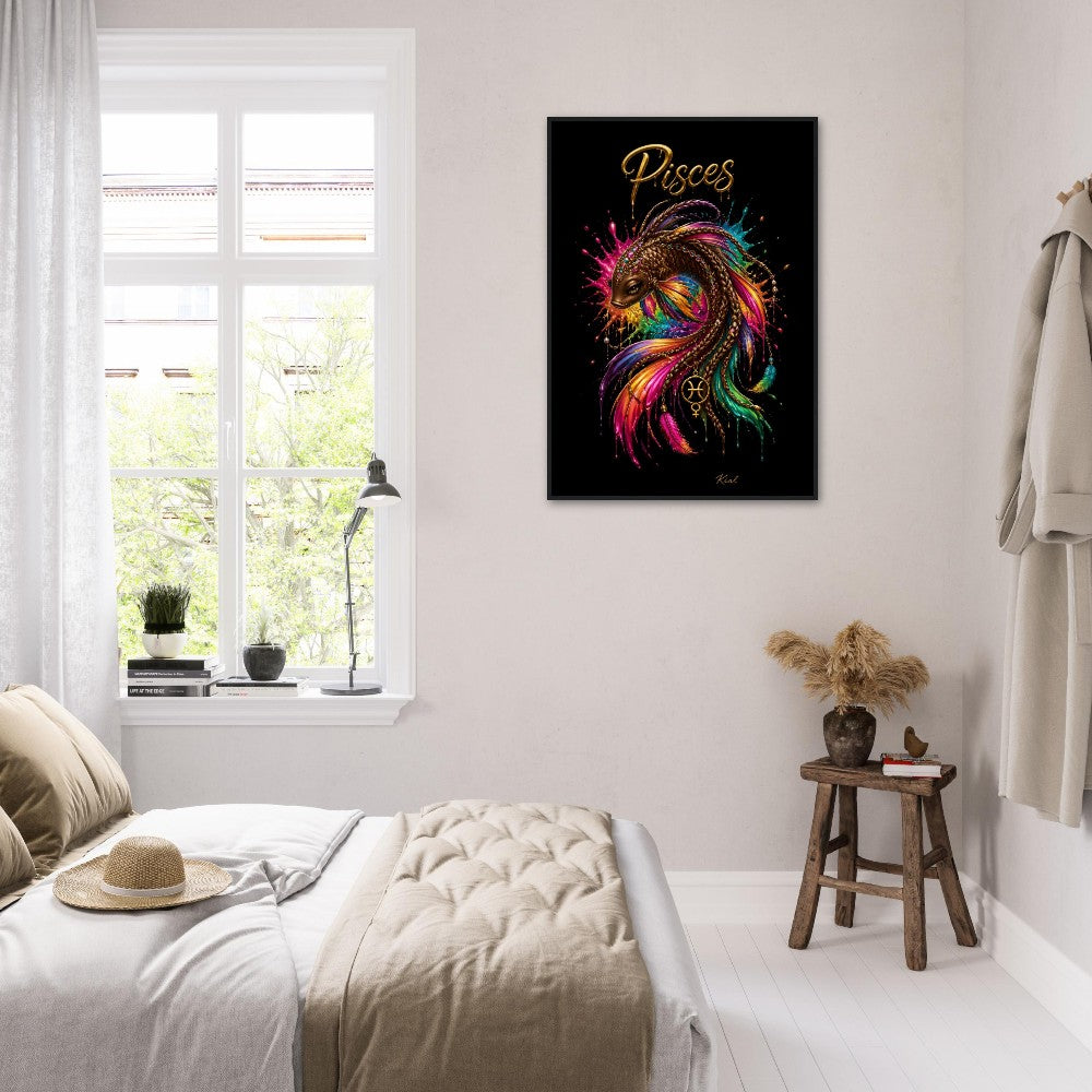 Pisces Neon Zodiac Koi Poster, Colorful Wall Art, Artistic Astrology Canvas, Zodiac Gift for Her, Danish Art Studio