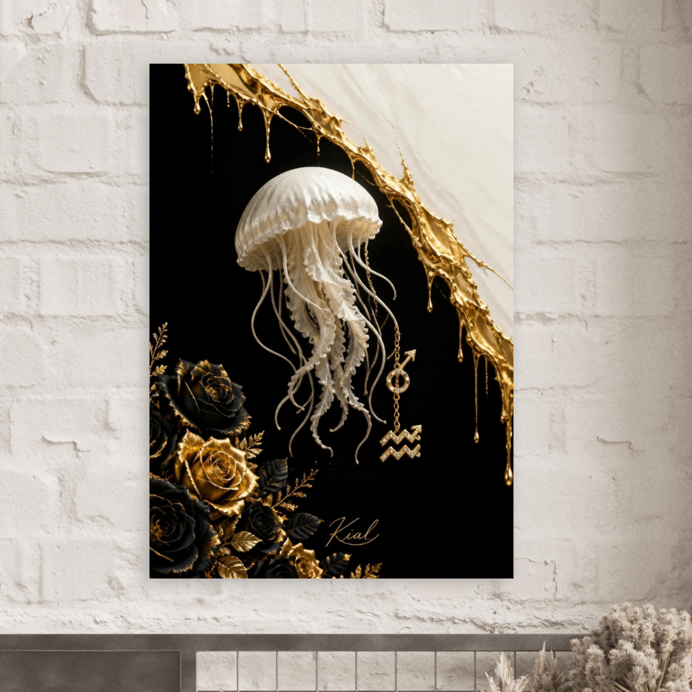 Aquarius Zodiac Jellyfish Poster, Gold Wall Art, Zodiac Gift for Him, Danish Art Studio