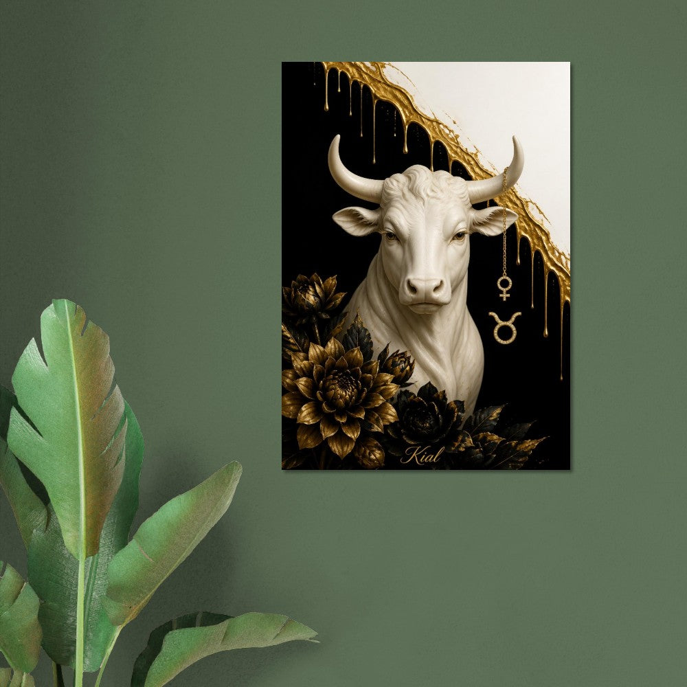 Taurus Zodiac Bull Poster, Gold Wall Art, Astrology Canvas, Bull Portrait, Zodiac Gift for Her, Danish Art Studio